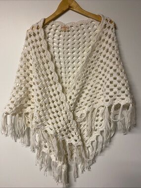 Hand-Crocheted Fringe Poncho Shrug - Cream